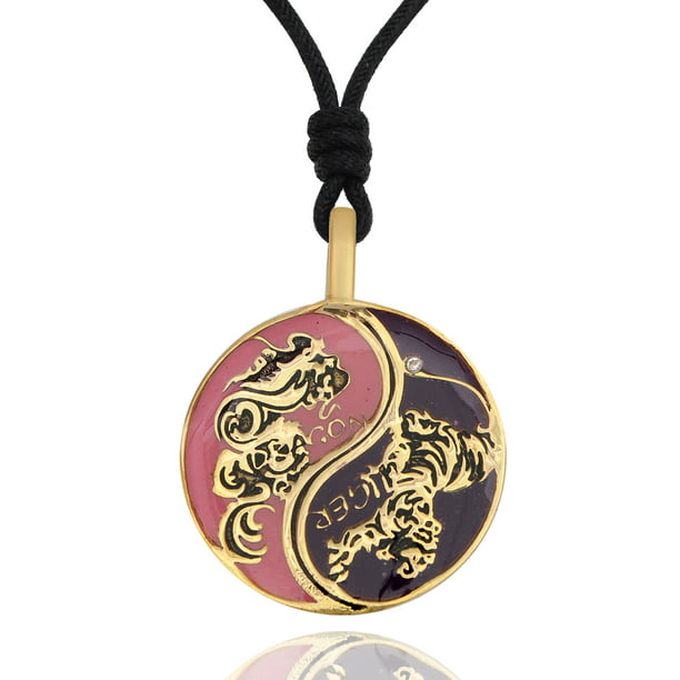 Vintage Black Dragon And White Dragon Glass Brass Locket Pendant Necklace 